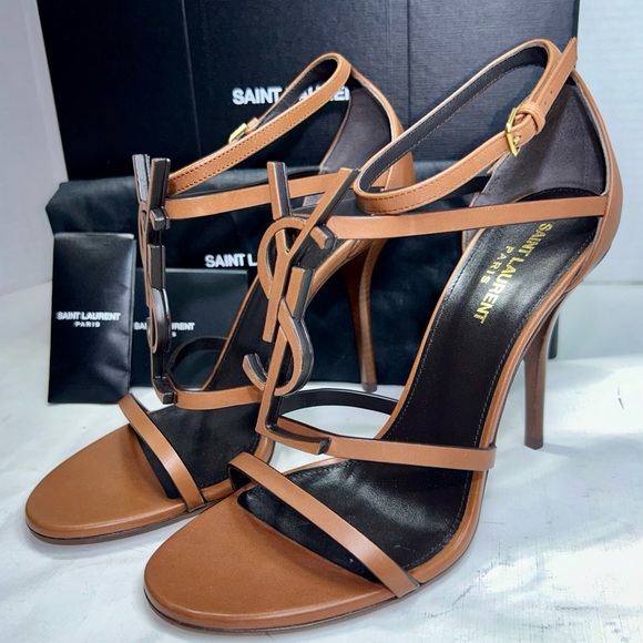 SAINT LAURENT CASSANDRA 100 SANDAL METAL YSL LOGO BROWN LEATHER SZ 39.5 NEW! - Picture 7 of 16